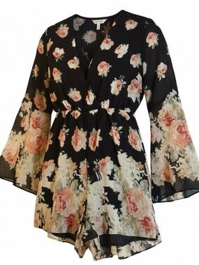 Choies Black and Pink Floral Romper with Flare Sleeves.